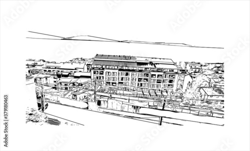 Building view with landmark of San Carlos de Bariloche is a town in Argentina. Hand drawn sketch illustration in vector.