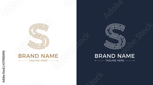Letter s made of lines and dots logo on a white and blue background