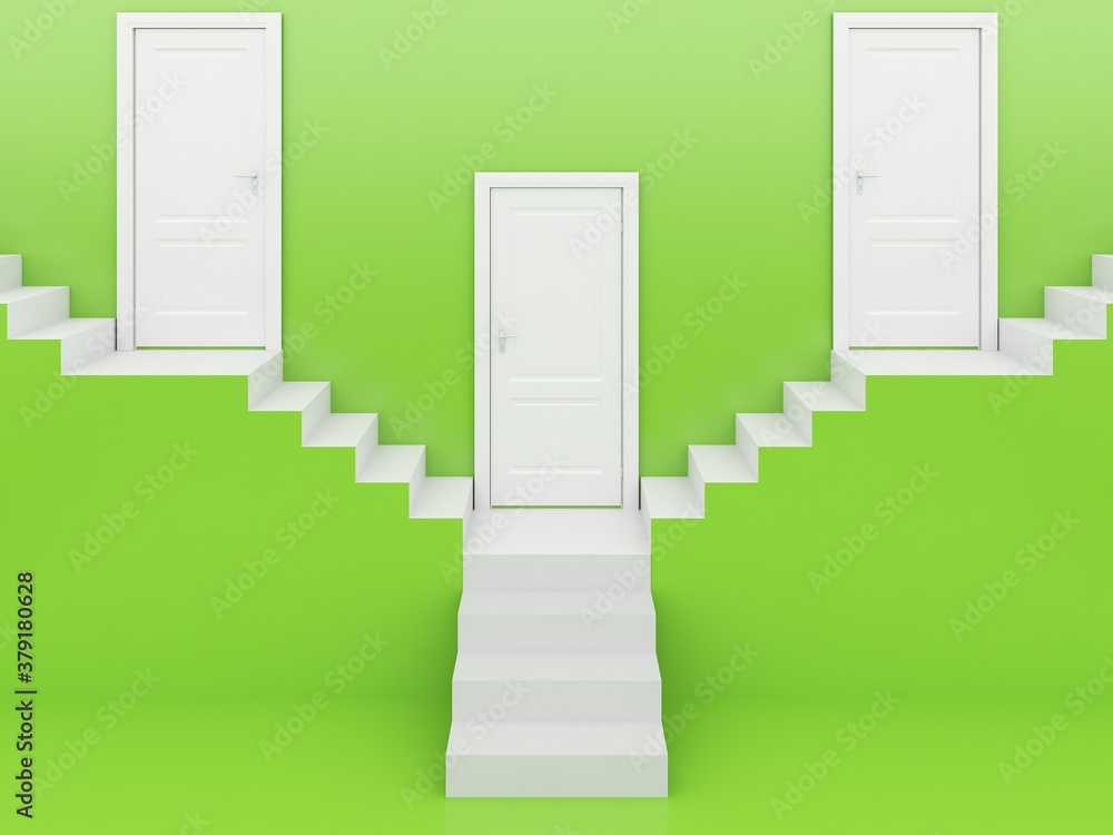 Fototapeta premium white stairs with white door in green background ,3d rendering