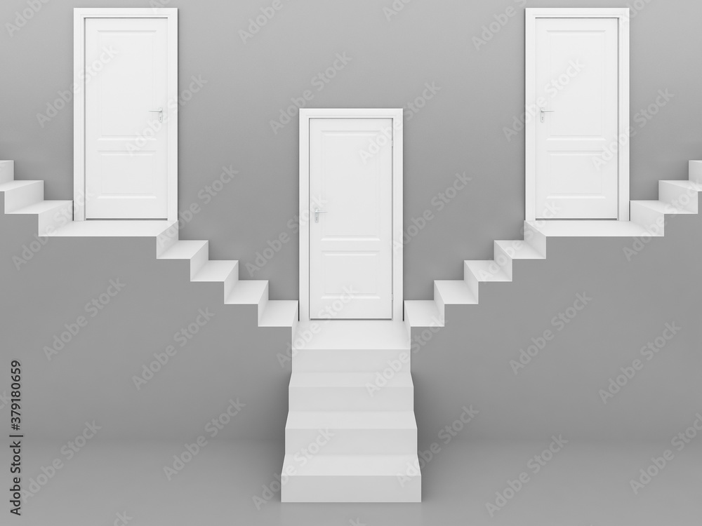 white stairs with white door in gray,background ,3d rendering white stairs with white door in gray,background ,3d rendering