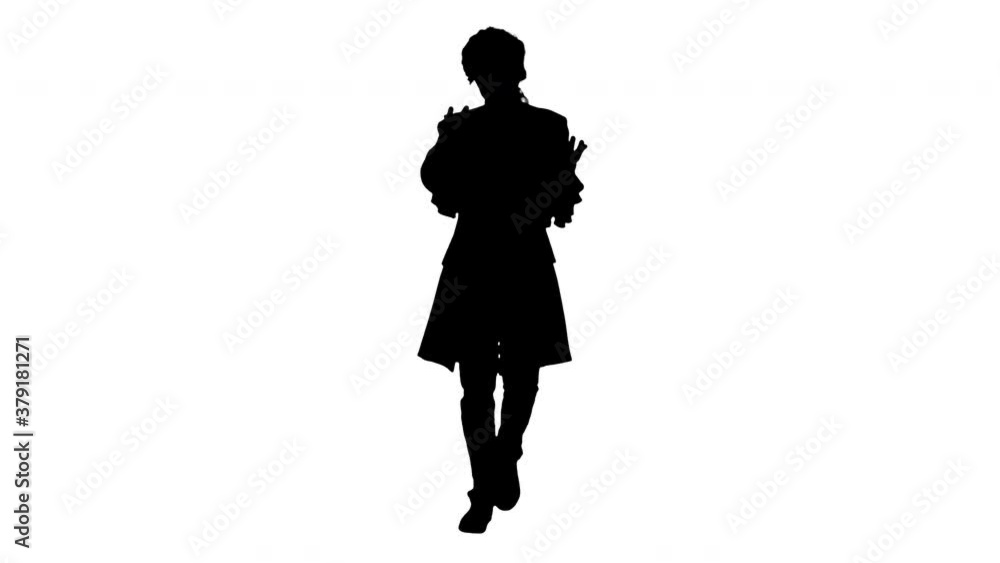 Silhouette Man dressed as courtier talking expressively and waiving his hands while walking and looking at camera. Silhouette Man dressed as courtier talking expressively and waiving his hands while walking and looking at camera.
