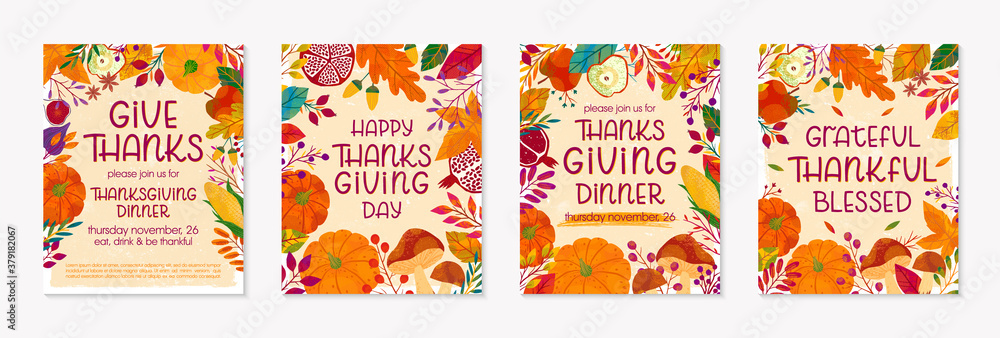 Bundle of Thanksgiving dinner templates with pumpkins,mushrooms,corn,apples,figs,wheat,plants,leaves,berries and floral elements.Holiday invitations design.Trendy autumn vector illustrations.