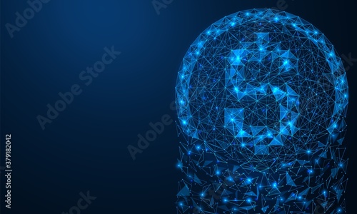 The coin breaks up into particles with fragments and falls down. Global financial crisis. Polygonal construction of concatenated lines and points. Blue background.