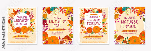 Bundle of autumn farmers market banners with pumpkins,mushrooms,eggplant,apple,zucchini,tomatoes,corn,beet,berries and floral elements.Local food fest design.Agricultural fair.Harvest season.