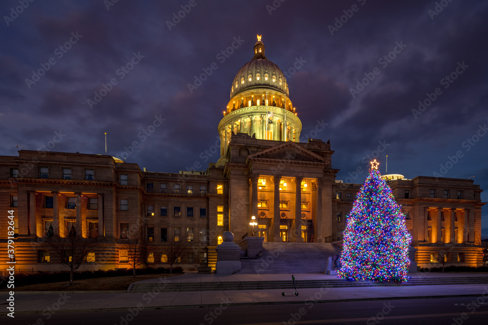 Idaho State Capital building in Boise with a Christmas tree night