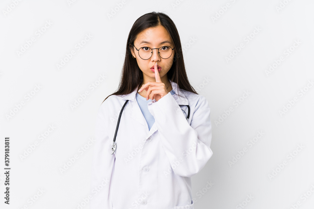 Young doctor chinese woman isolated keeping a secret or asking for silence. Young doctor chinese woman isolated keeping a secret or asking for silence.