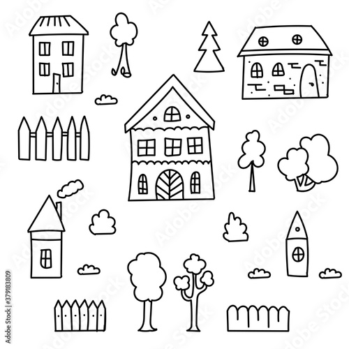 Hand drawn set of doodle houses, trees and fences. Thin black line. Different windows, doors and roofs. Vector illustration isolated on white