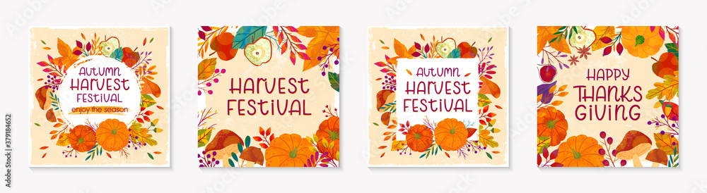Obraz premium Autumn seasonals postes with leaves and floral elements in fall colors.Thanksgiving greetings and harvest fest posters perfect for prints,flyers,banners,invitations.Vector autumn illustrations