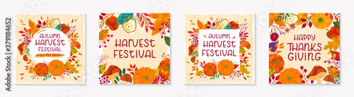 Autumn seasonals postes with leaves and floral elements in fall colors.Thanksgiving greetings and harvest fest posters perfect for prints,flyers,banners,invitations.Vector autumn illustrations