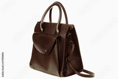 Brown women's handbag with an outer pocket