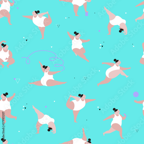 Seamless pattern plump girl doing sports.Flat design.Vector illustration.