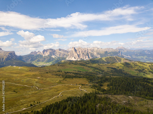 Aerial/Drone - Piz de Medesc (Medesspitze) and Cima Cunturines (Cunturines-Spitze) beautiful panorama landscape of the dolomites mountains, alpes south tyrol Italy photo
