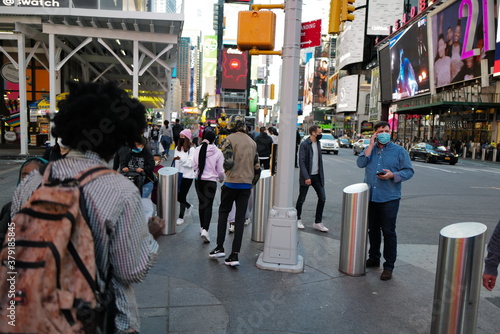 Sept 19, 2020 People start going back to Times Square after the re-opening from the Lockdown from Covid-19 with masks, New York City, USA.