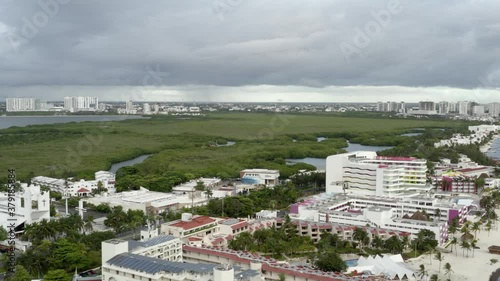 4k Aerial view of Cancun beach on a cloudy day photo