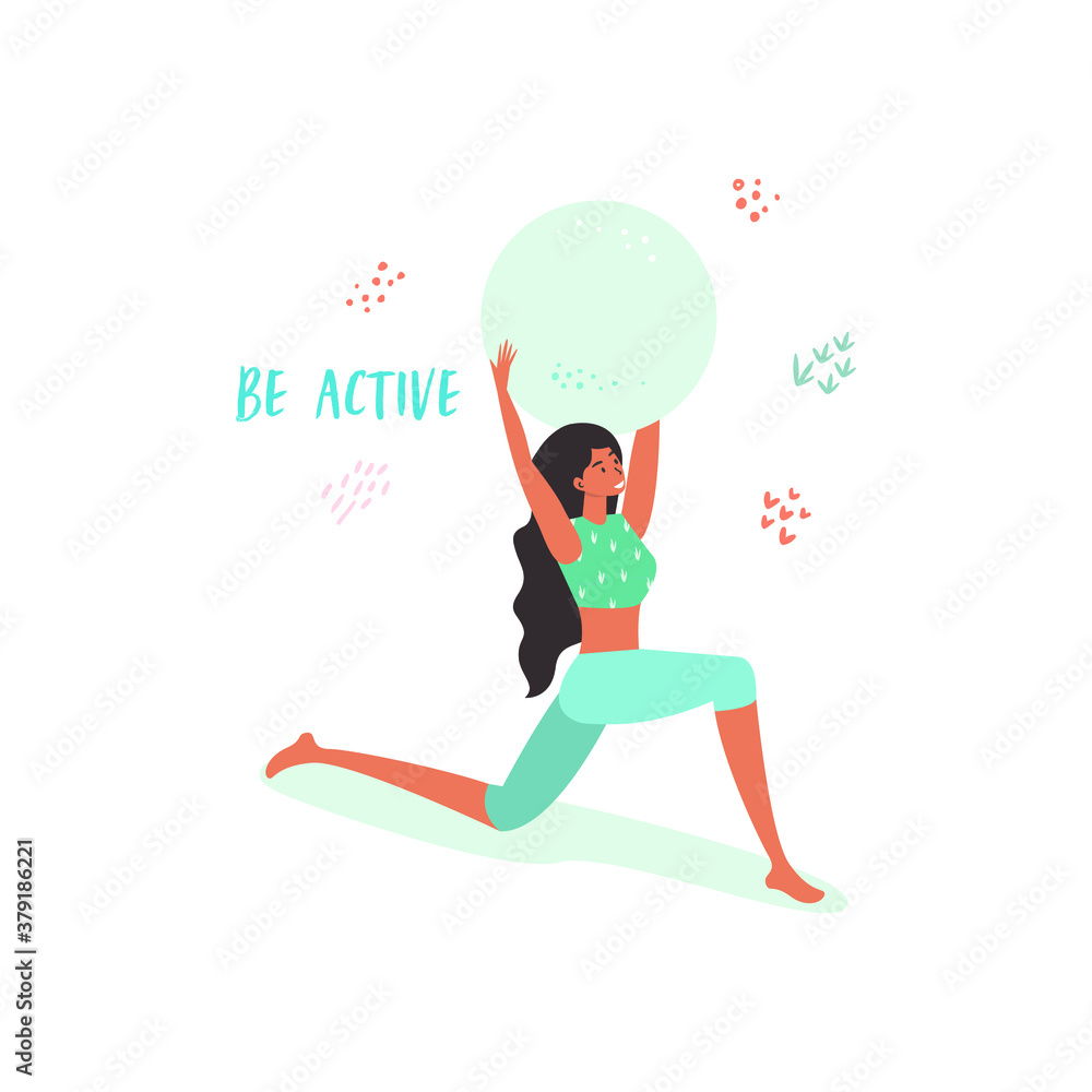 Flat vector cartoon illustration of a woman playing sports with fit ball. The concept of a healthy lifestyle. Be active.