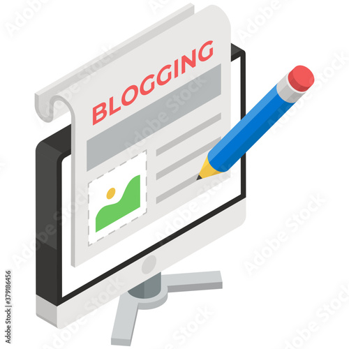 
Online content writing at free blog site, isometric icon
