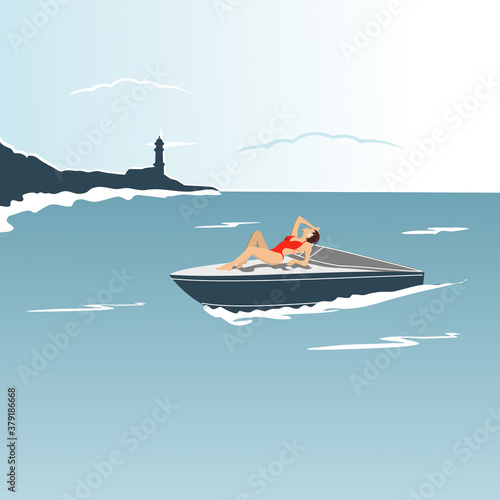 A girl is sunbathing on  the deck of a boat. Vector illustration.