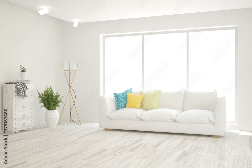 Fototapeta premium White living room with sofa. Scandinavian interior design. 3D illustration