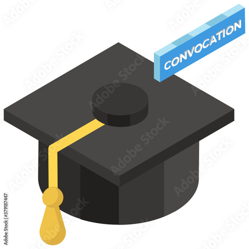 
Graduate convocation cap, mortarboard icon in isometric design.
