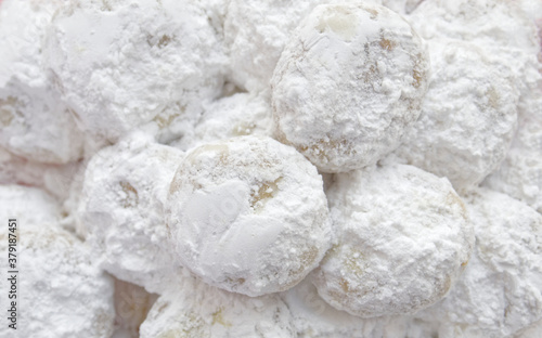 "Kourabiedes" traditional greek shortbread Christmas cookies covered with powdered sugar