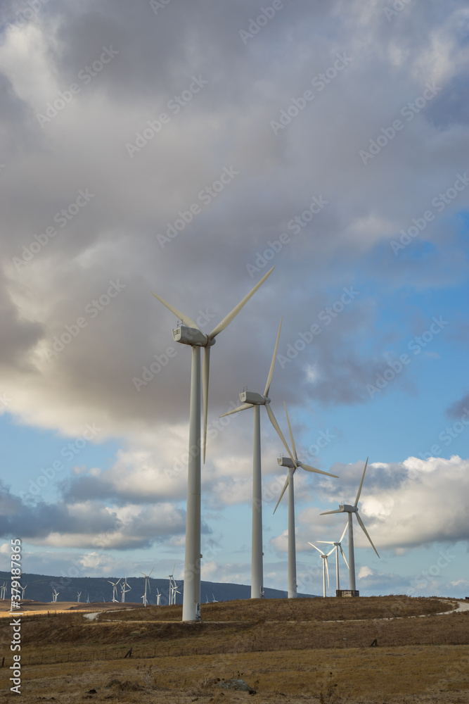 Wind field with windmills, above them there is a clear sky with clouds. Renewable energy concept. Wind field with windmills, above them there is a clear sky with clouds. Renewable energy concept.