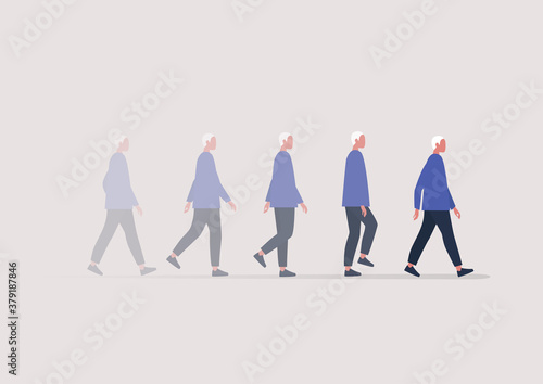 A young male character walking in a blurred motion, an animation sequence