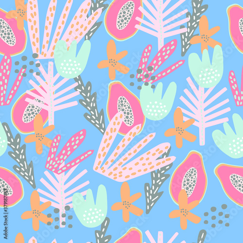 Flat vector plant pattern with doodles and decorative elements. Design for textiles  Wallpapers  stories  social media. Scandinavian style