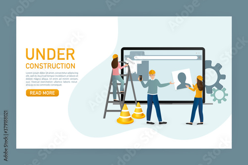 Flat under construction with people for web site design. Minimal design. Technology concept. Flat business template.