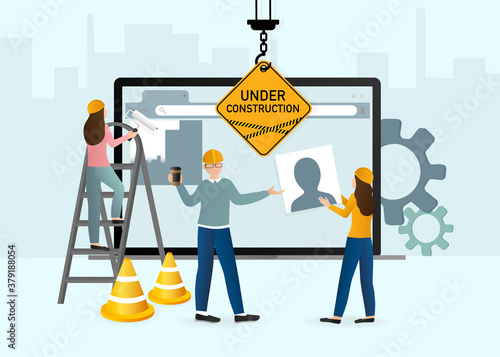 Flat under construction with people for web site design. Minimal design. Technology concept. Flat business template.