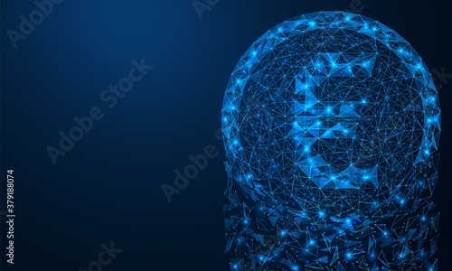The coin breaks up into particles with fragments and falls down. European financial crisis. The collapse and crash of the currency. Polygonal construction of concatenated lines and points.