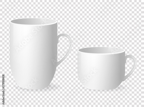 White empty cup in classic style on transparent background. White background. Vector illustration.
