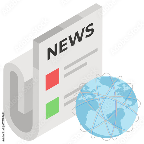 
Globe with the newspaper making an icon of news media, isometric design
