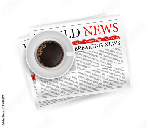 Coffee with newspaper in 3d style. Business design. Vector stock illustration.
