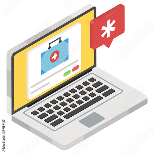 
First aid kit inside laptop showcasing telemedicine icon
