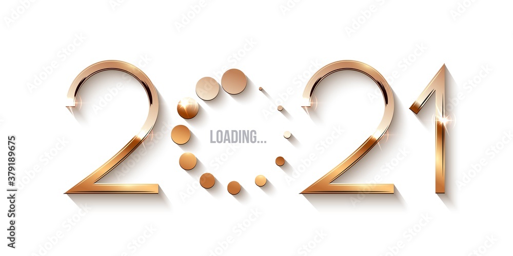 Obraz premium Happy 2021 new year loading concept. Gold icon of number showing progress with dots. Holiday decoration or invitation card vector illustration. Shiny modern sign downloading