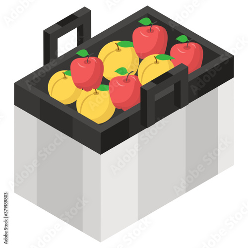 
Isometric icon of picnic basket, portable and dried food hamper 
