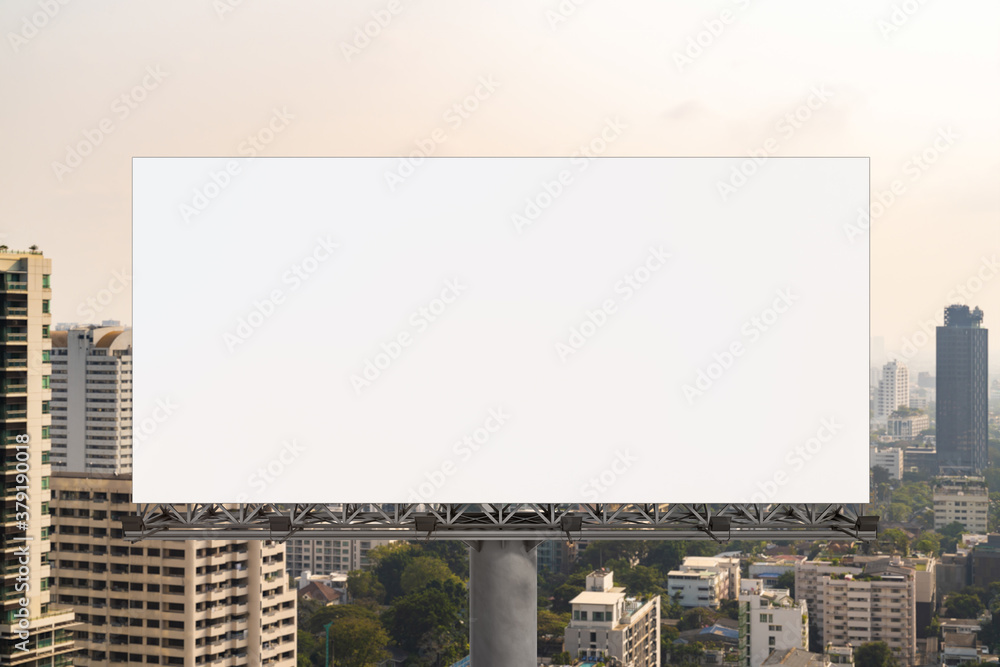 Blank white road billboard with Bangkok cityscape background at day time. Street advertising poster, mock up, 3D rendering. Front view. The concept of marketing communication to promote or sell idea. Blank white road billboard with Bangkok cityscape background at day time. Street advertising poster, mock up, 3D rendering. Front view. The concept of marketing communication to promote or sell idea.