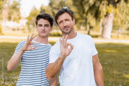 father and teenager son in t-shirts showing ok sign in park