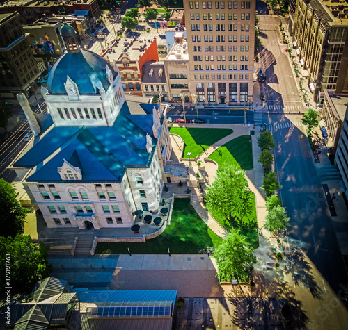 Aerial view of the historic center in downtown Lexington, Kentucky USA with interesting light reflections from the surrounding office buildings photo