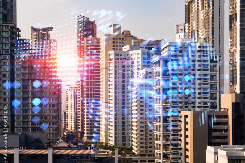 Obraz premium World planet Earth map hologram over panorama city view of Bangkok, Asia. The concept of international connections and business. Multi Exposure.