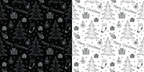 Seamless new year's pattern, drawn by hand. Pattern with Christmas trees with ornaments and presents, linear images. New year's doodling. Christmas seamless pattern. Christmas doodling.