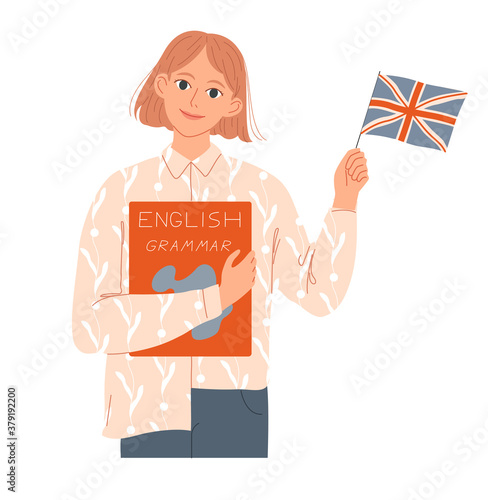 Girl student holds a book and an English flag.She is a native speaker or learns English.