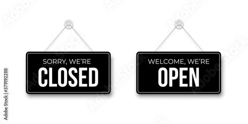 Closed and open black signboards hanged on suction cup. Rectangular shape clipboard for retail, shop, store, cafe, bar, restaurant. Announcement template with opportunity to visit on white background.