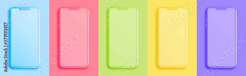 Five mobile smartphone template with blank screen - vector mockup - neumorphic design illustration - UI design - bright and shinny colors