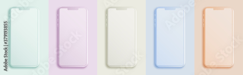 Five mobile smartphone template with blank screen - vector mockup - neumorphic design illustration - UI design - pastel colors