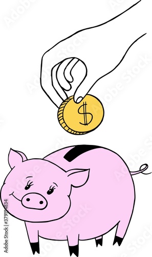 man put the coin into the piggy bank, moneybox illustration, coinbox