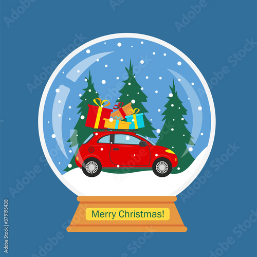 Christmas snow globe with red car