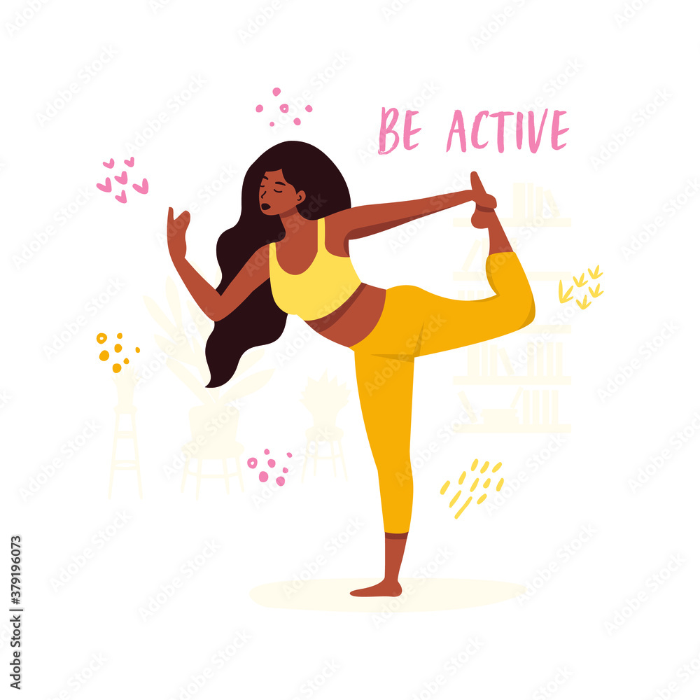 Naklejka premium Flat vector illustration of a woman doing yoga at home and the phrase be active. the concept of a healthy lifestyle through yoga classes. Motivational and inspiring banner.
