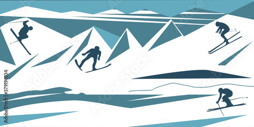 Skiers - snowy mountain landscape - illustration, vector. New Year, Christmas banner. Winter tourism.