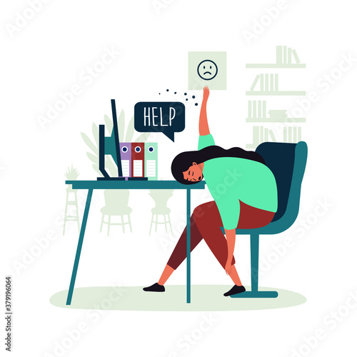 Flat vector illustrations Worker burnout. Emotional burnout. A tired worker is sitting at the table. Long working day in the office. Mental health problem. 